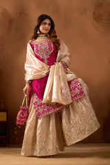 Woman in traditional pink and cream embroidered outfit with a matching shawl against a brown background