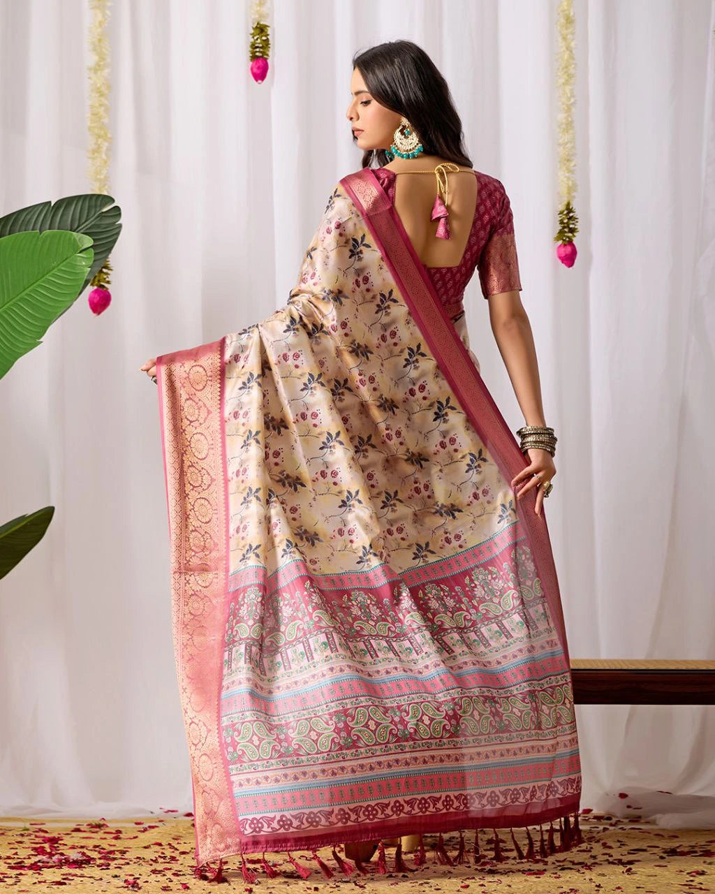 Dark Pink Floral Digital Weaving & Golden Zari Border Soft Lichi Silk Saree
