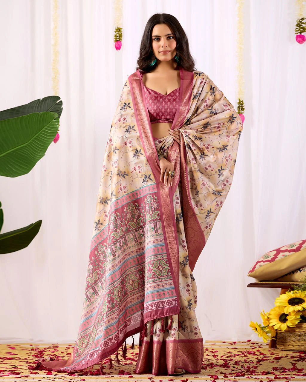 Buy Dark Pink Floral Weaving Lichi Silk Saree | Kalyanja
