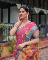 Woman wearing a colorful saree with a traditional setting in the background