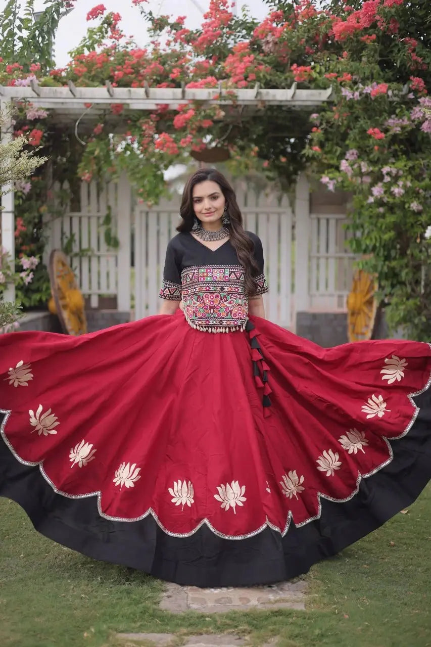 Designer Maroon Lehenga Set featuring Black Embroidered Blouse, Floral Motifs, and Broad Contrast Border