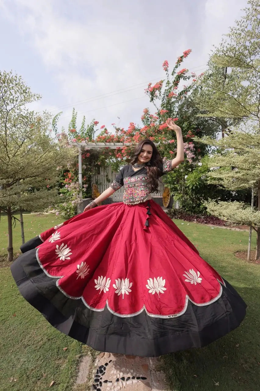 Elegant Maroon Party Wear Lehenga featuring Embroidered Blouse, Lotus Motifs, and Rich Black Hem Border