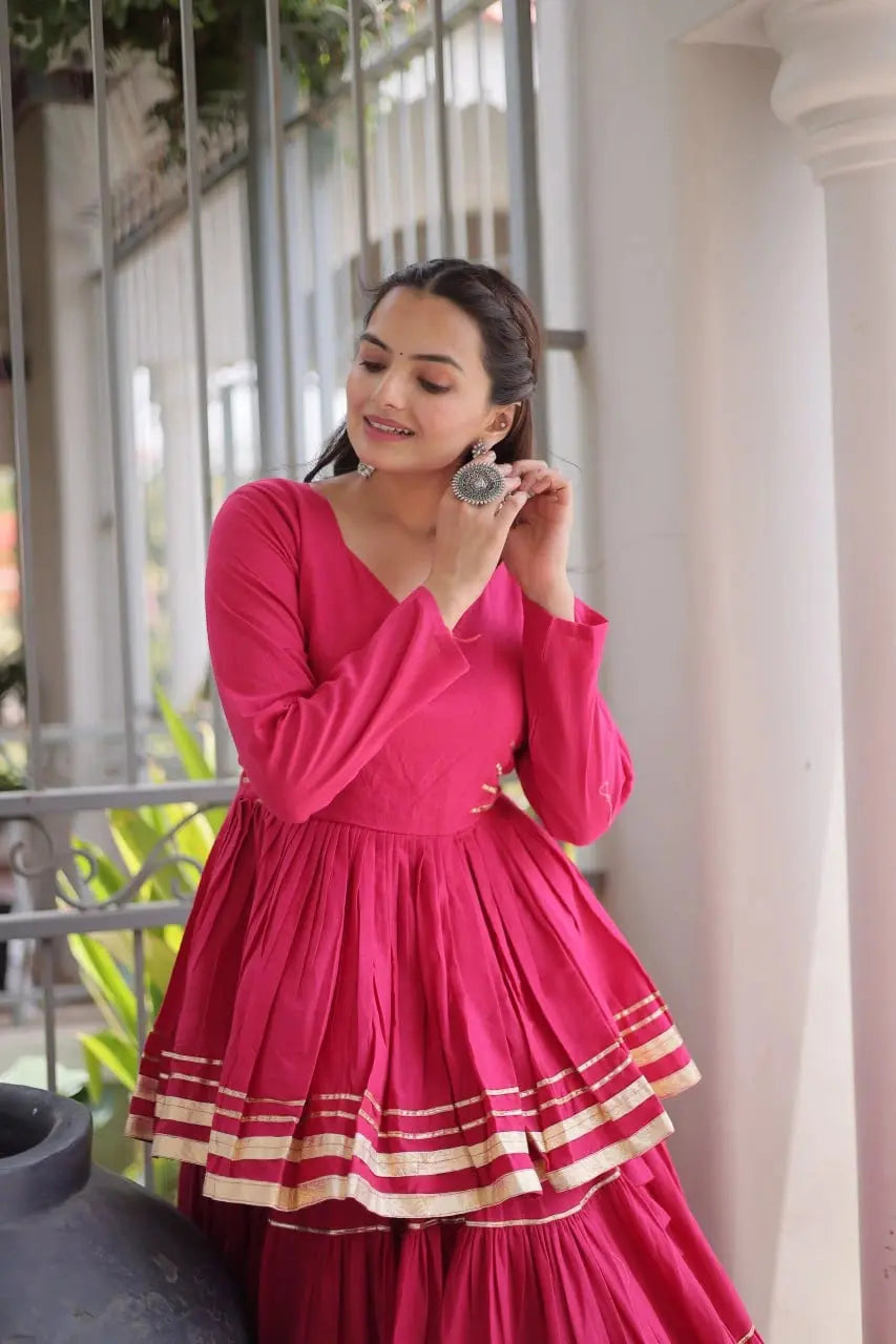 Beautiful Pink Ethnic Lehenga with Full Sleeves, Tiered Ghera, and Festive Gota Patti Accents