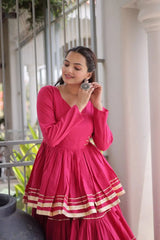 Beautiful Pink Ethnic Lehenga with Full Sleeves, Tiered Ghera, and Festive Gota Patti Accents