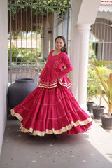 Festive Wear Magenta Lehenga Set featuring Full Sleeve Blouse, Layered Skirt, and Elegant Gota Border