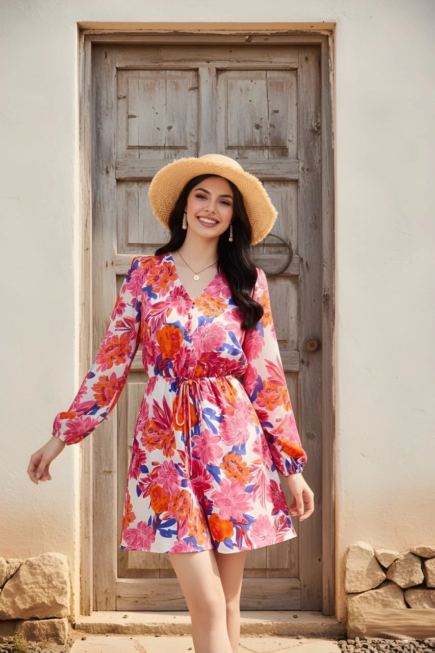 Woman in a colorful floral dress and hat standing in front of a wooden door.