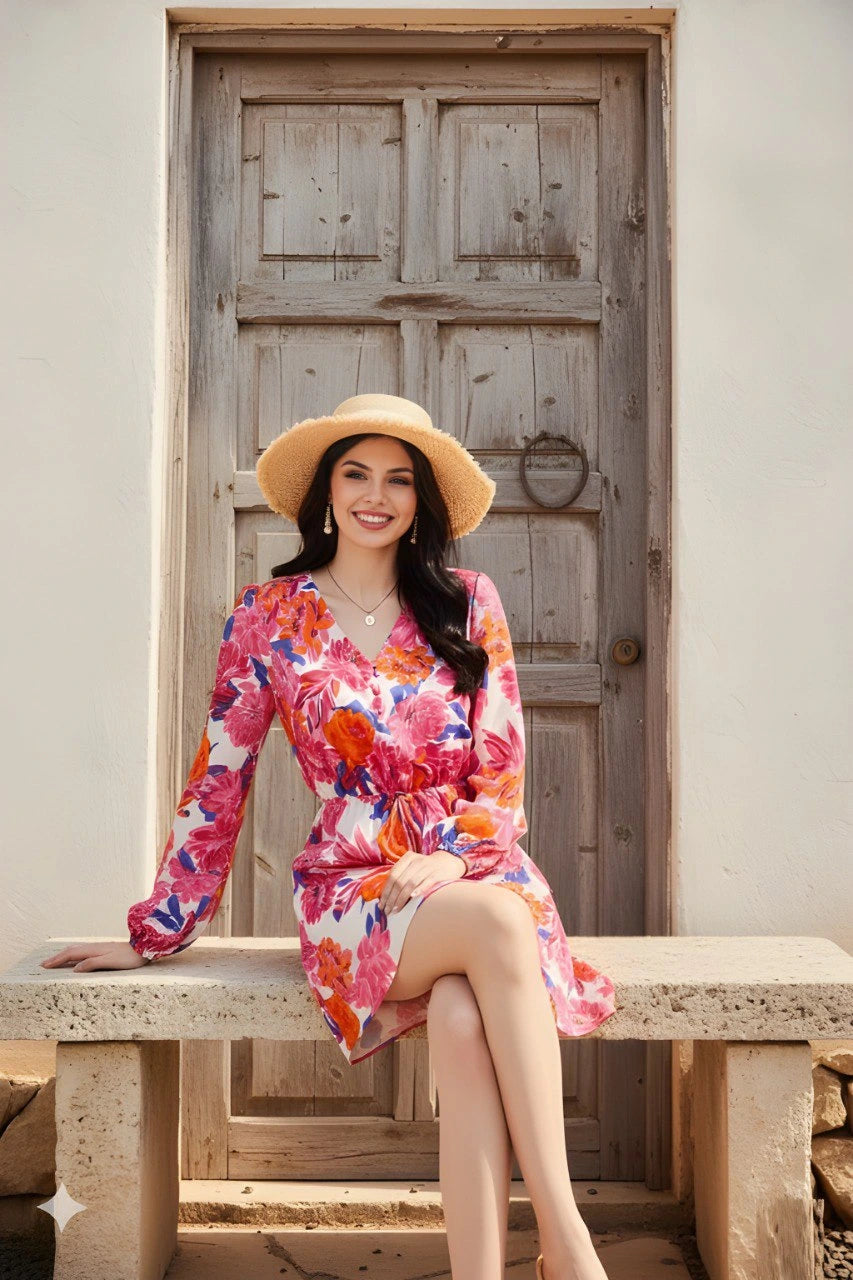 Woman in a colorful dress and hat sitting on a stone bench in front of a wooden door.
