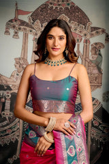Woman in traditional attire with decorative background