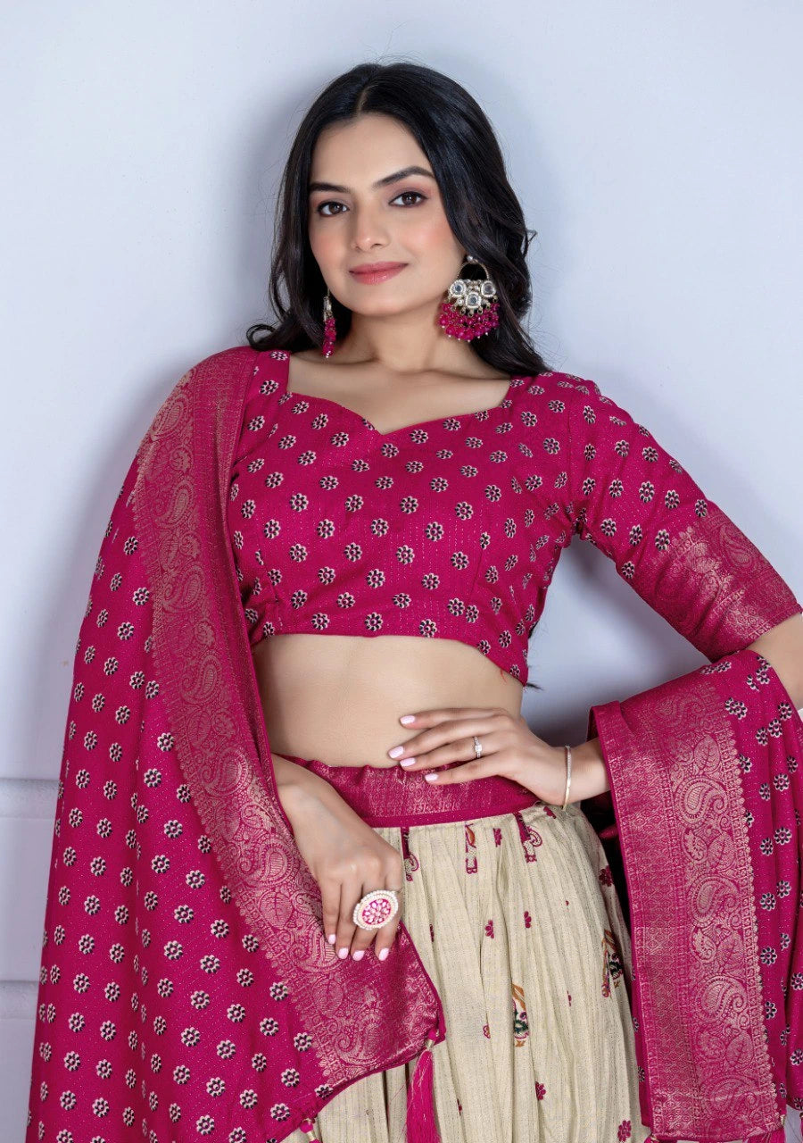 Woman wearing a pink traditional outfit with a white background