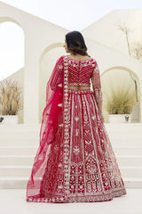 Dark Pink Sequins Coding Embroidered Butterfly Net Lehenga Back Side