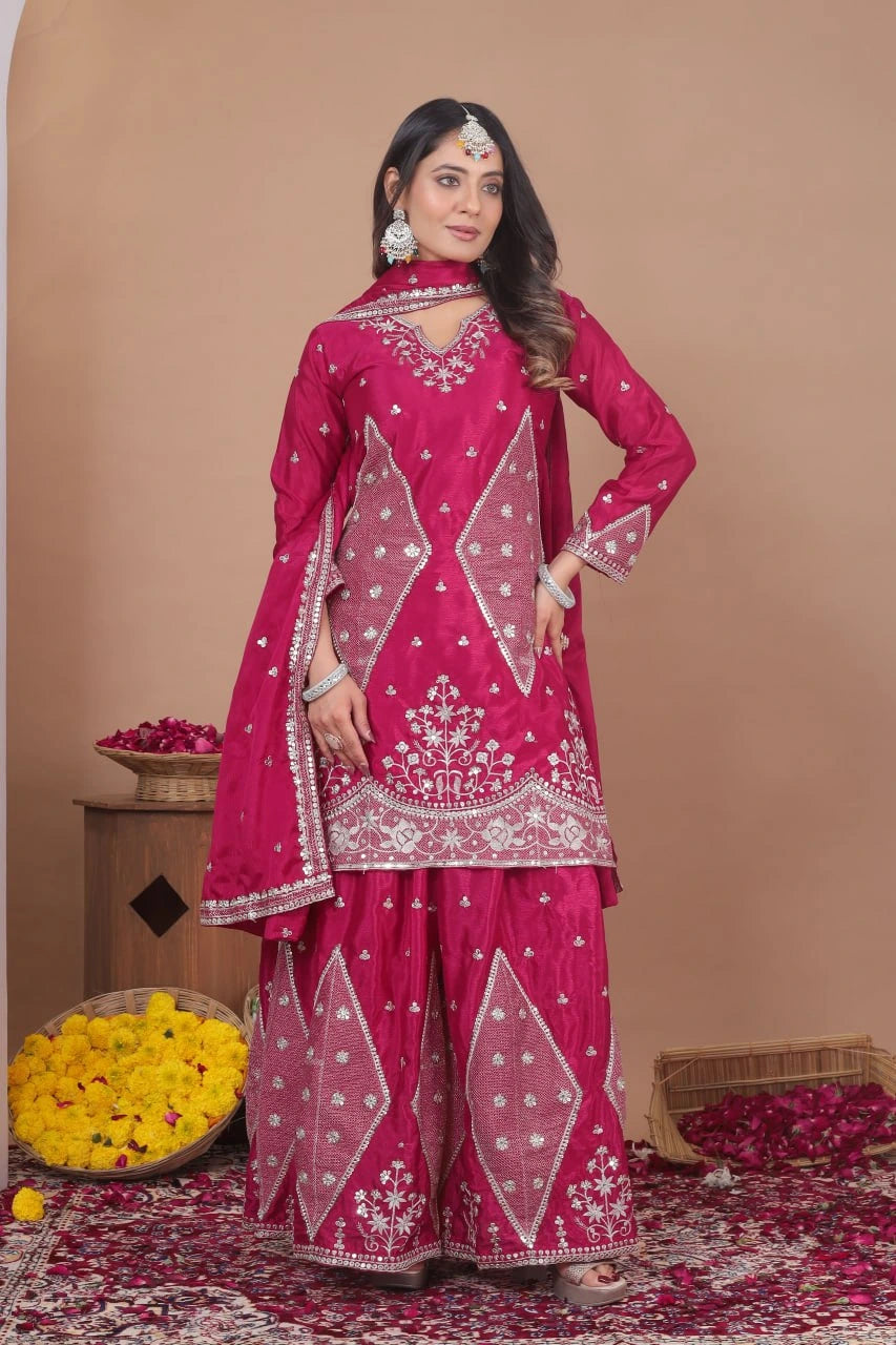 Dark pink chinon suit with intricate sequin embroidery