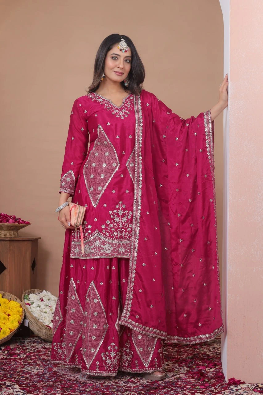 Elegant deep pink embroidered chinon salwar suit with sequins