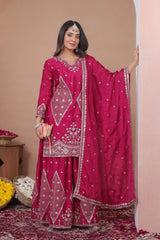 Elegant deep pink embroidered chinon salwar suit with sequins