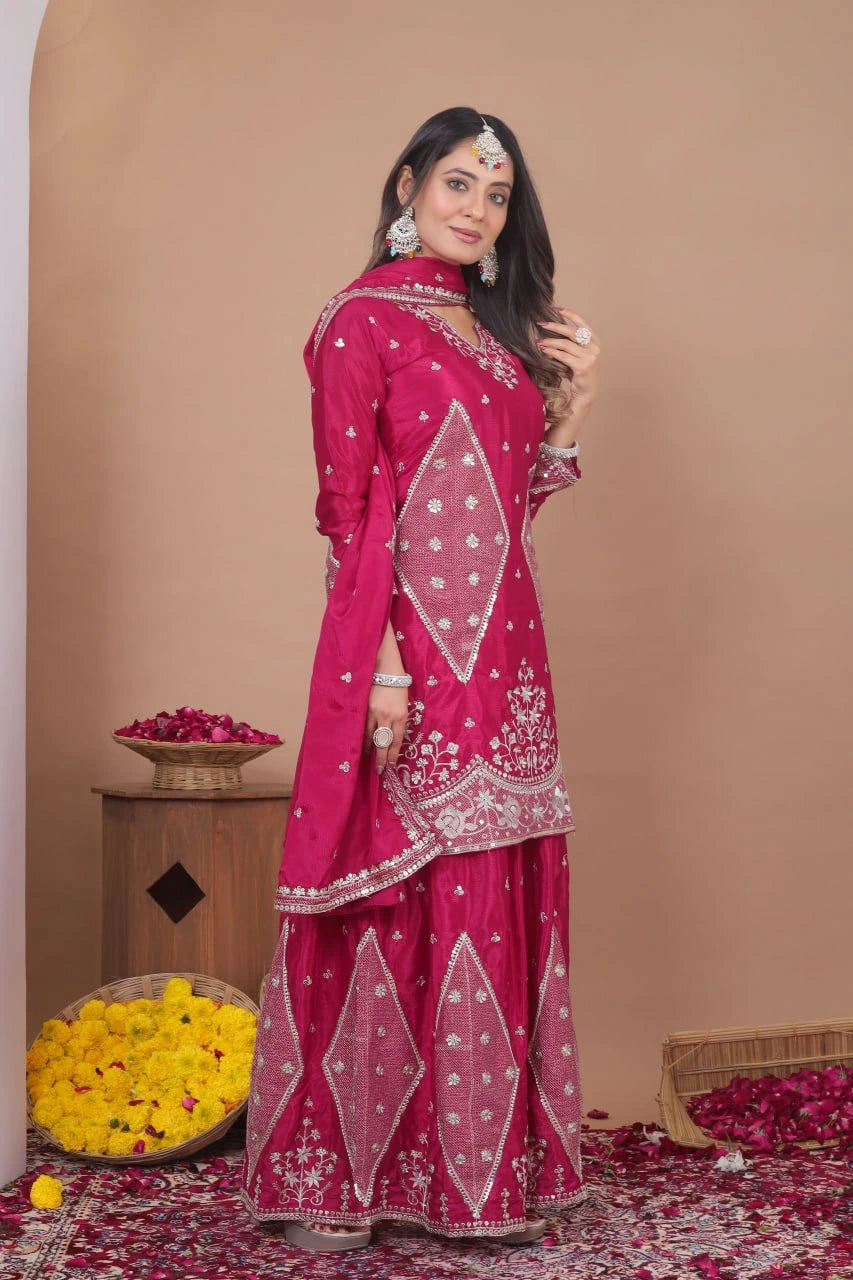 Stylish dark pink chinon suit adorned with shimmering embroidery