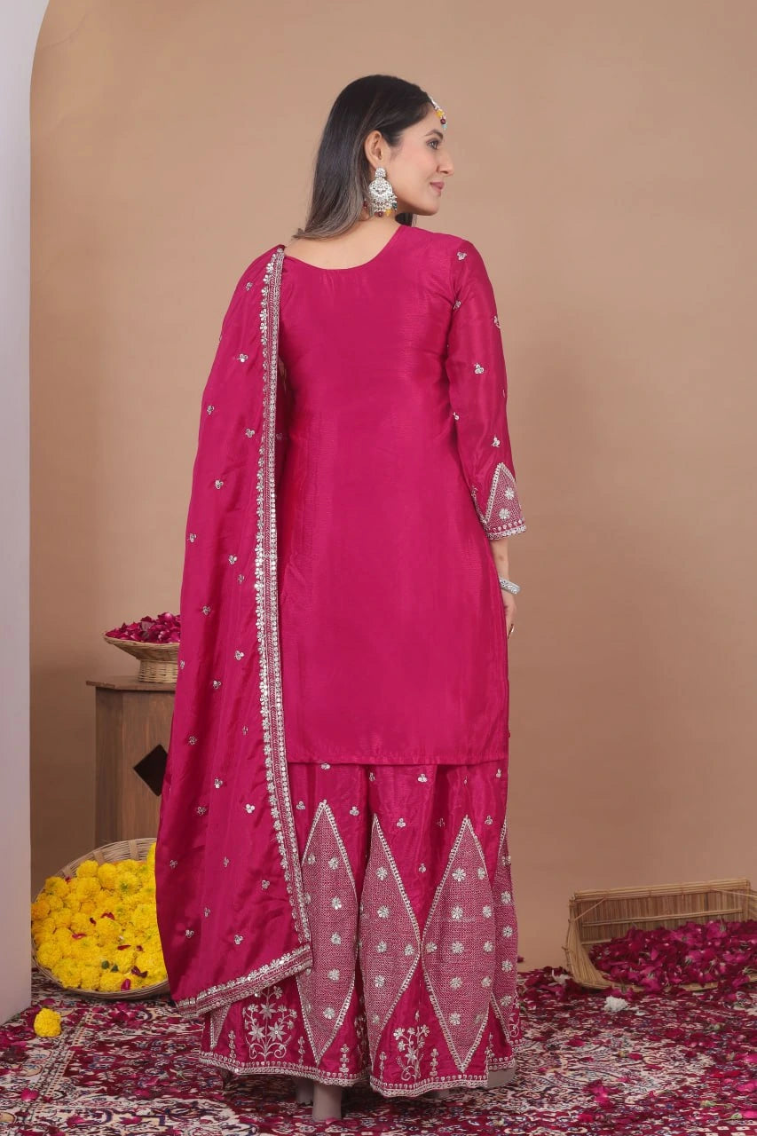 Festive dark pink embroidered chinon suit with sequin embellishments
