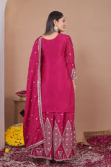 Festive dark pink embroidered chinon suit with sequin embellishments
