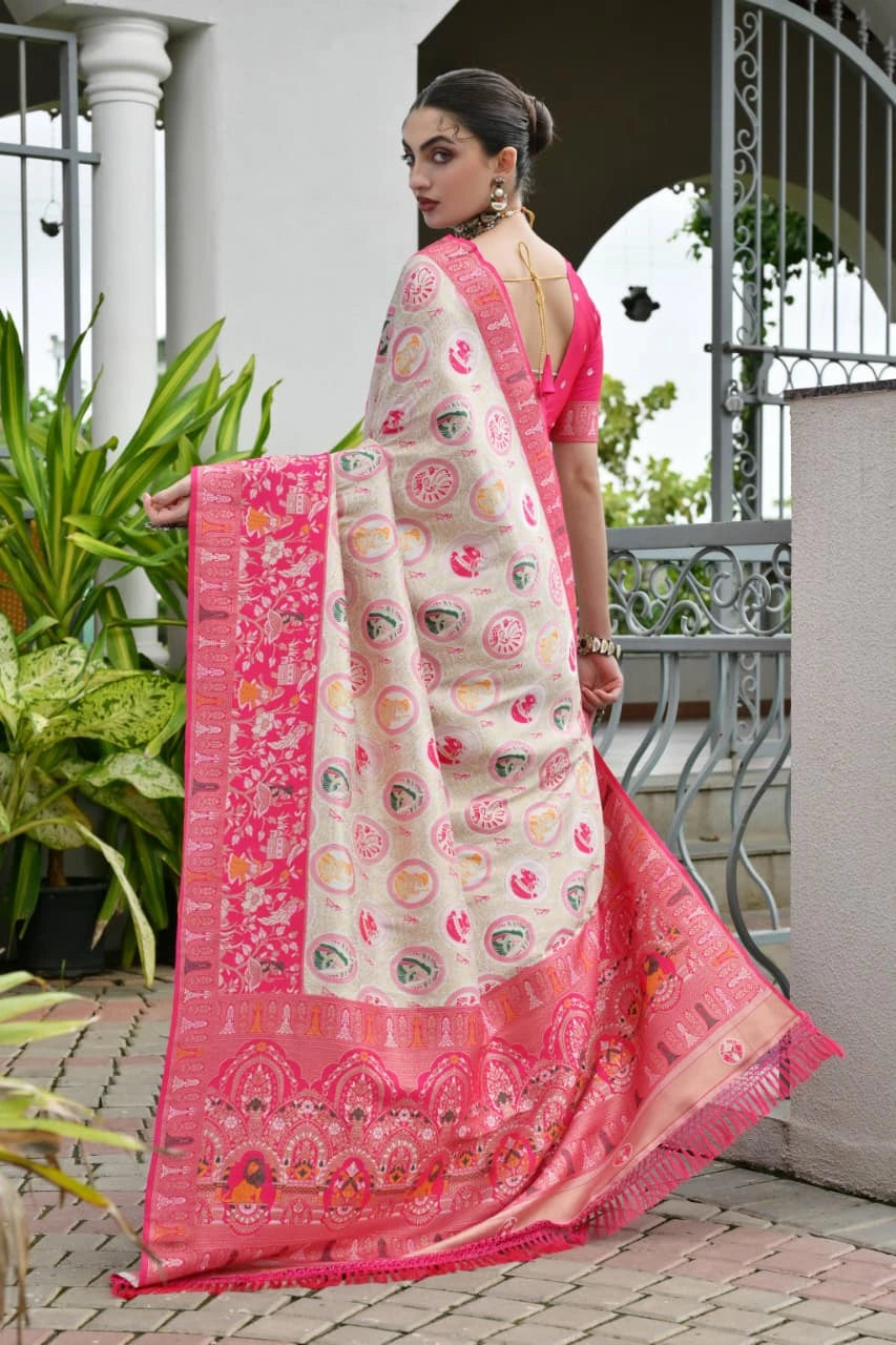 Elegant soft Banarasi silk saree in rich dark pink shade featuring intricate zari border and pallu