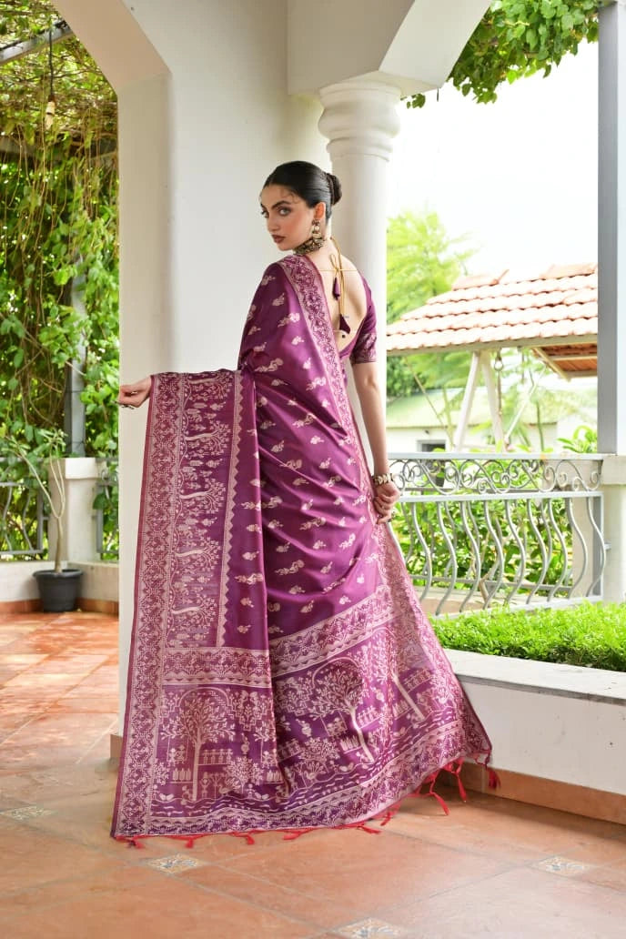Woman in a purple saree standing on a porch with greenery in the background