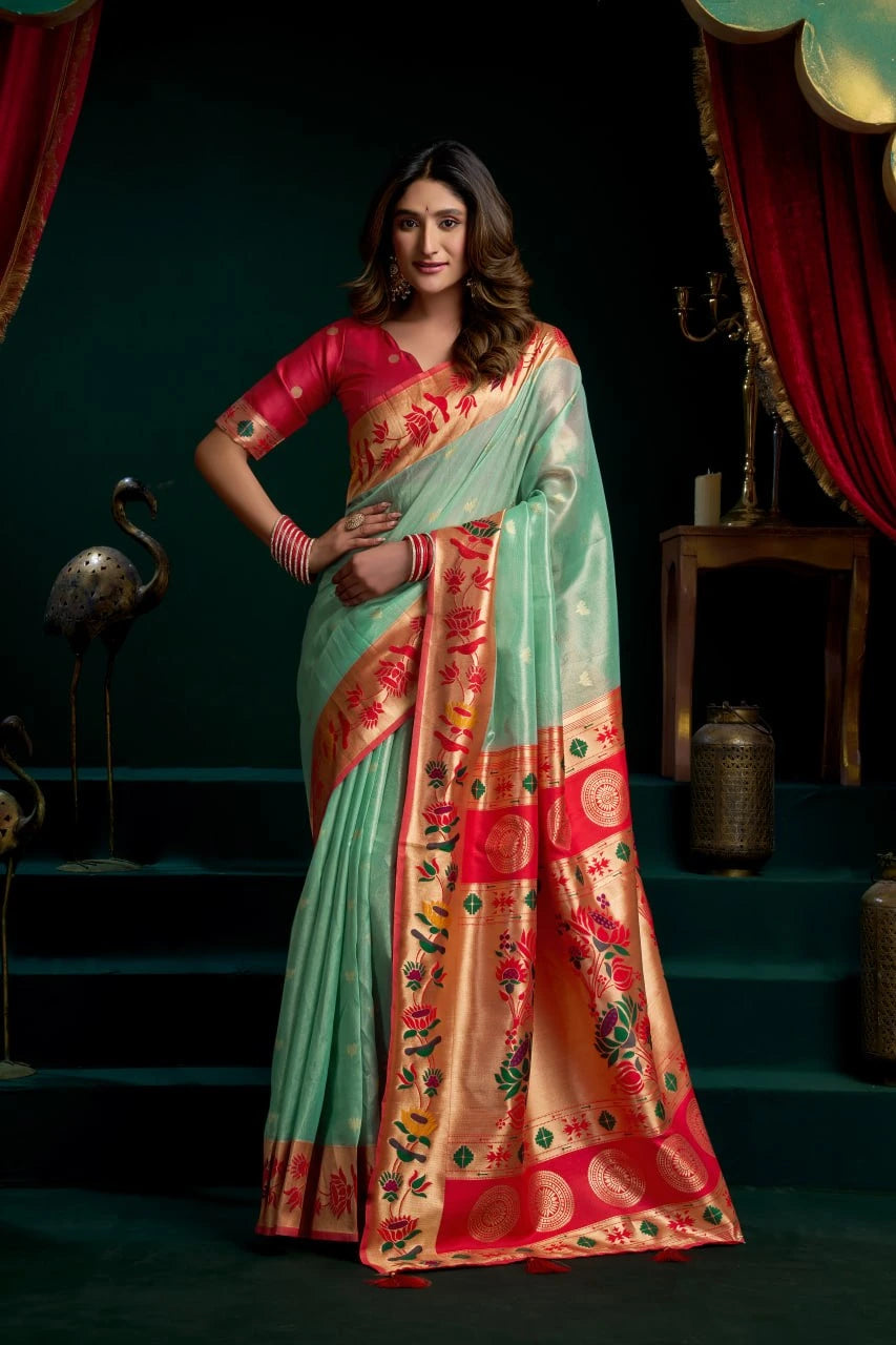 Woman wearing a traditional saree with a colorful design in a dark setting