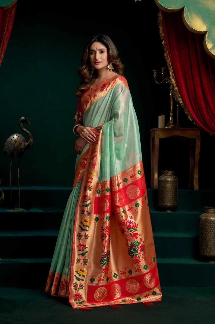 Woman wearing a traditional saree with a dark background