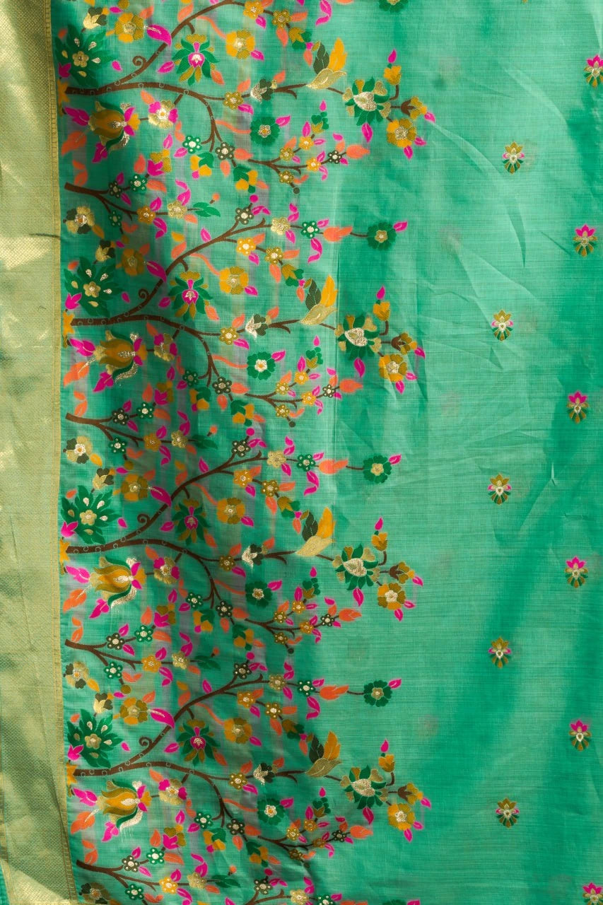 Turquoise fabric with floral embroidery
