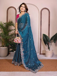 Dark Turquoise Fendy Chiffon Silk Saree