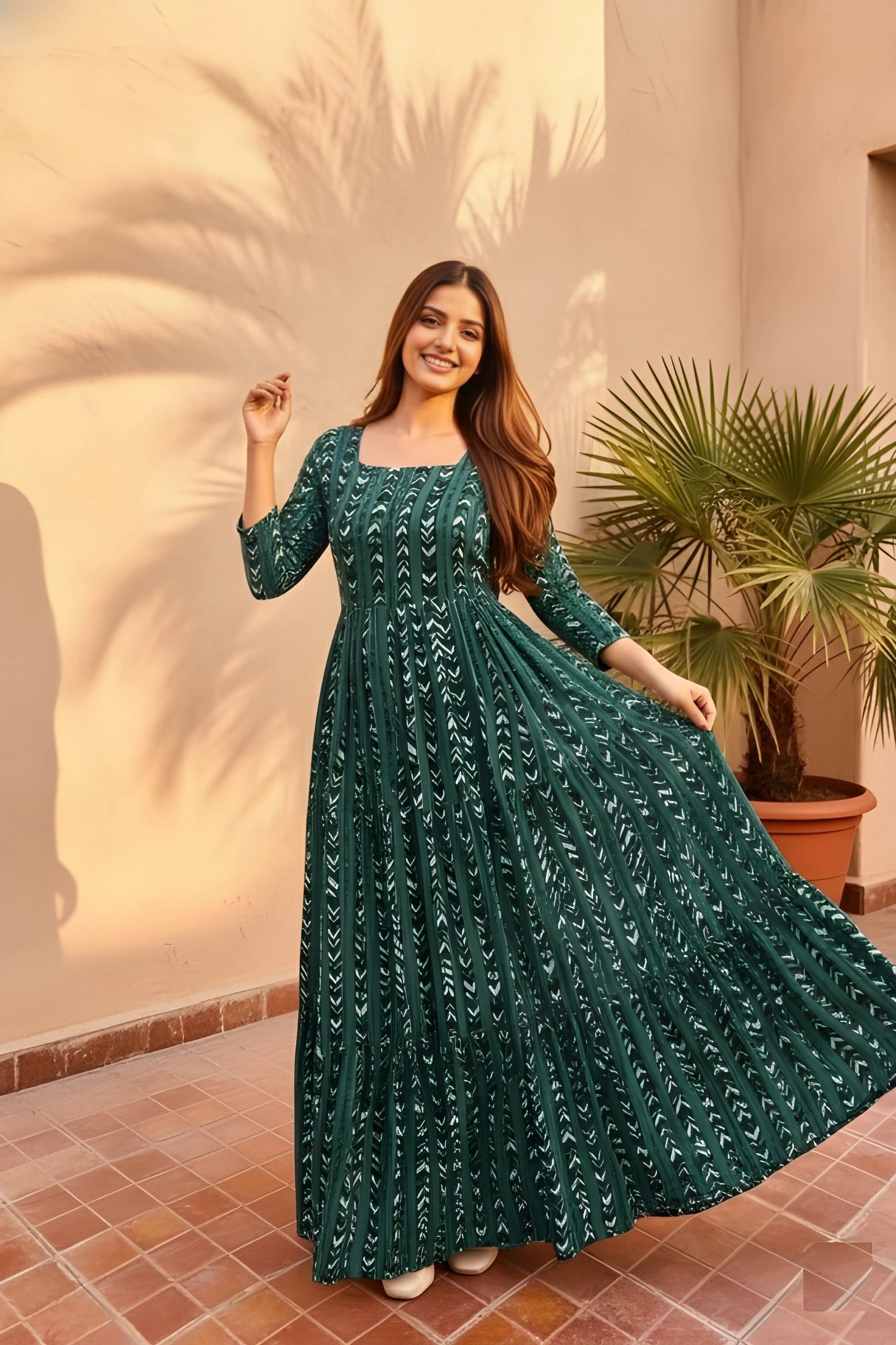 Woman in a long green dress standing outdoors with a plant in the background
