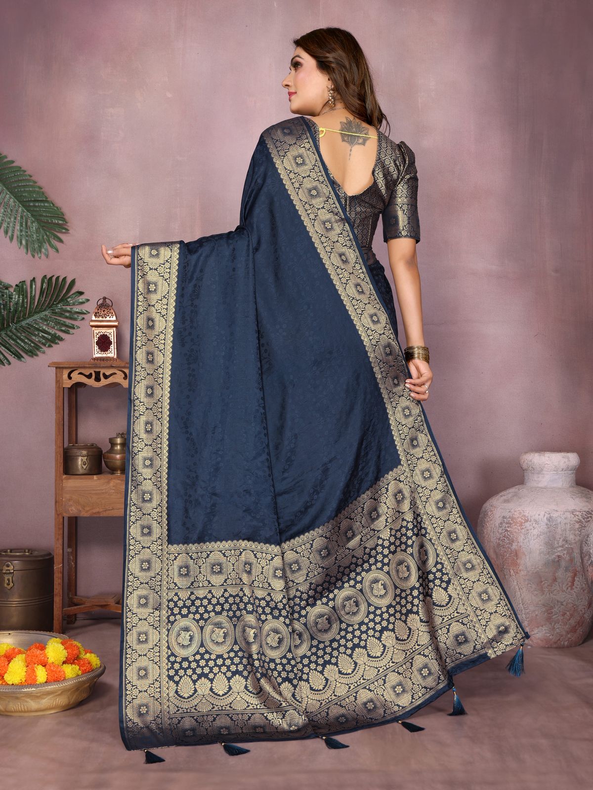 Dark Turquoise Satin Silk Saree