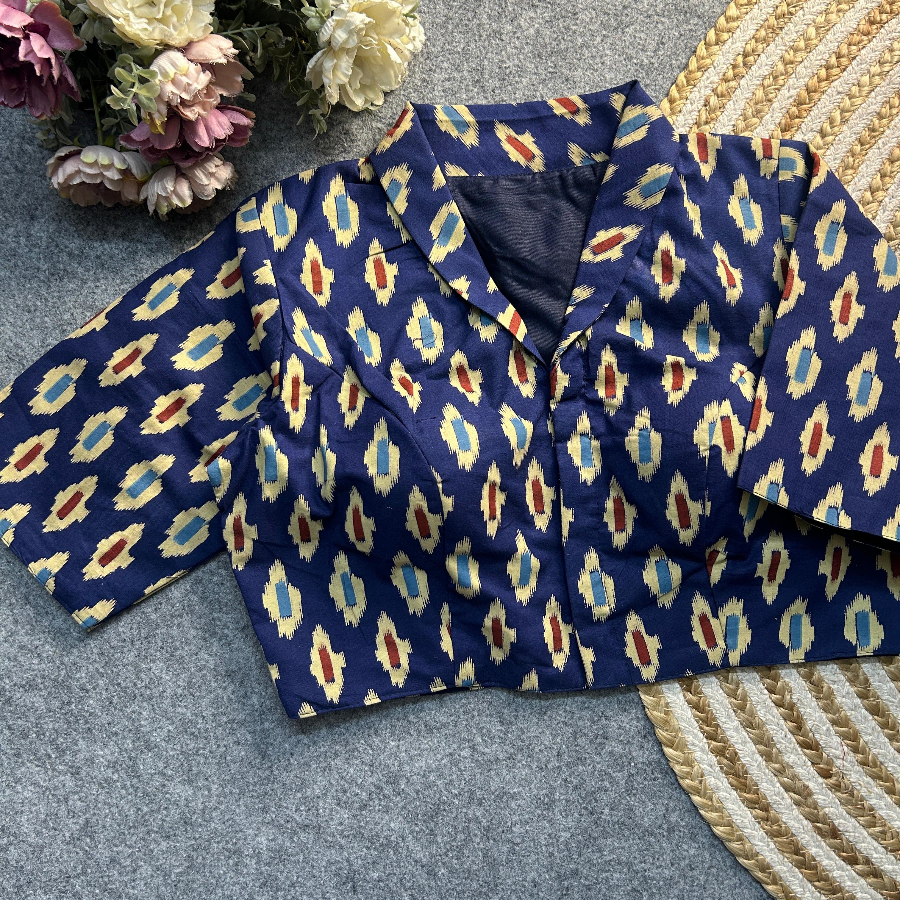 Deep Navy Blue Ajrakh Print Cotton Blouse featuring intricate traditional patterns, blending elegance and heritage for a timeless fashion statement.