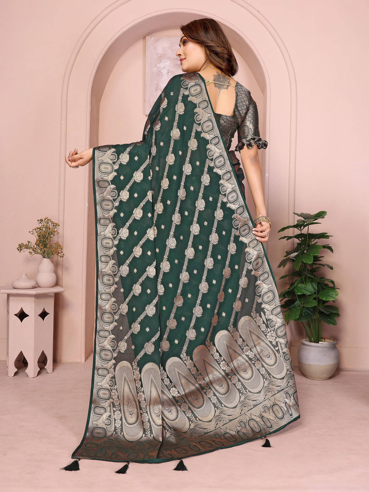 Woman wearing a green saree with a pattern, standing in a room with plants and a pink wall.
