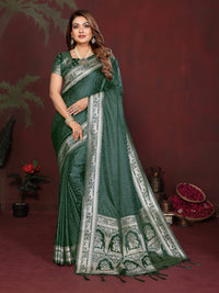 Deep Green Soft Satin Silk Saree