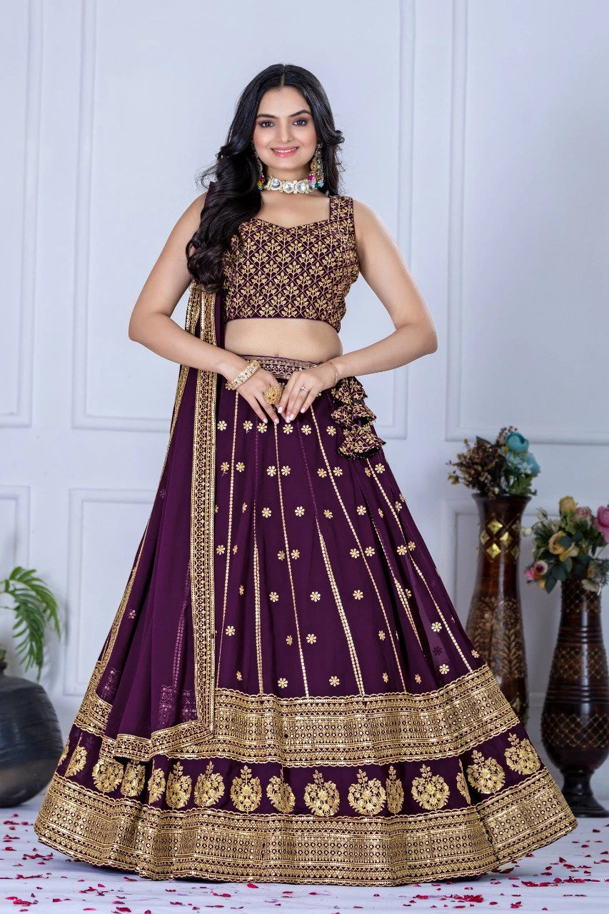 Woman wearing a traditional purple and gold lehenga with a white background
