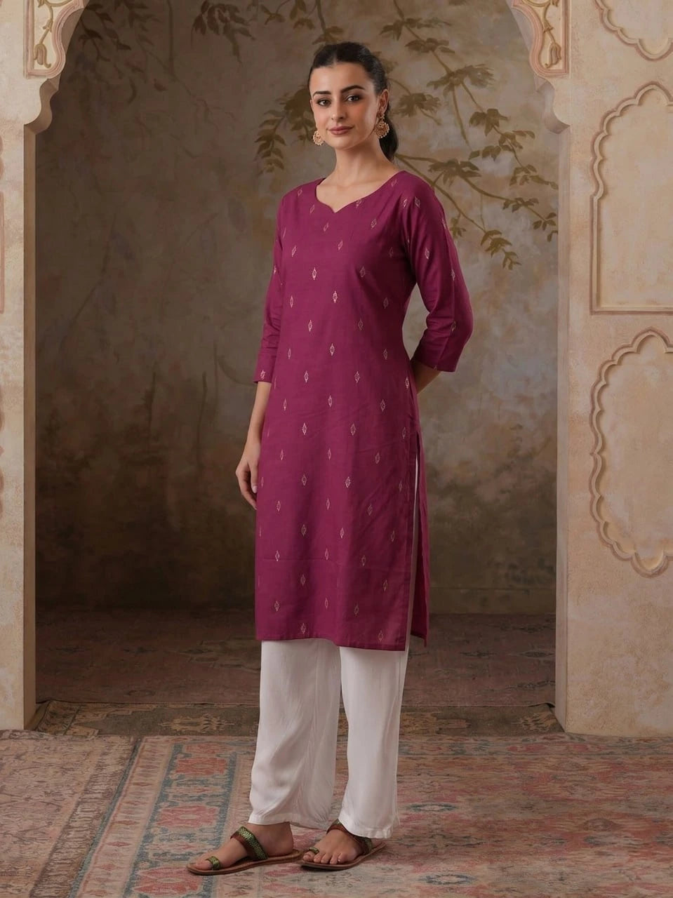 Woman wearing a magenta kurta with white pants in an ornate indoor setting