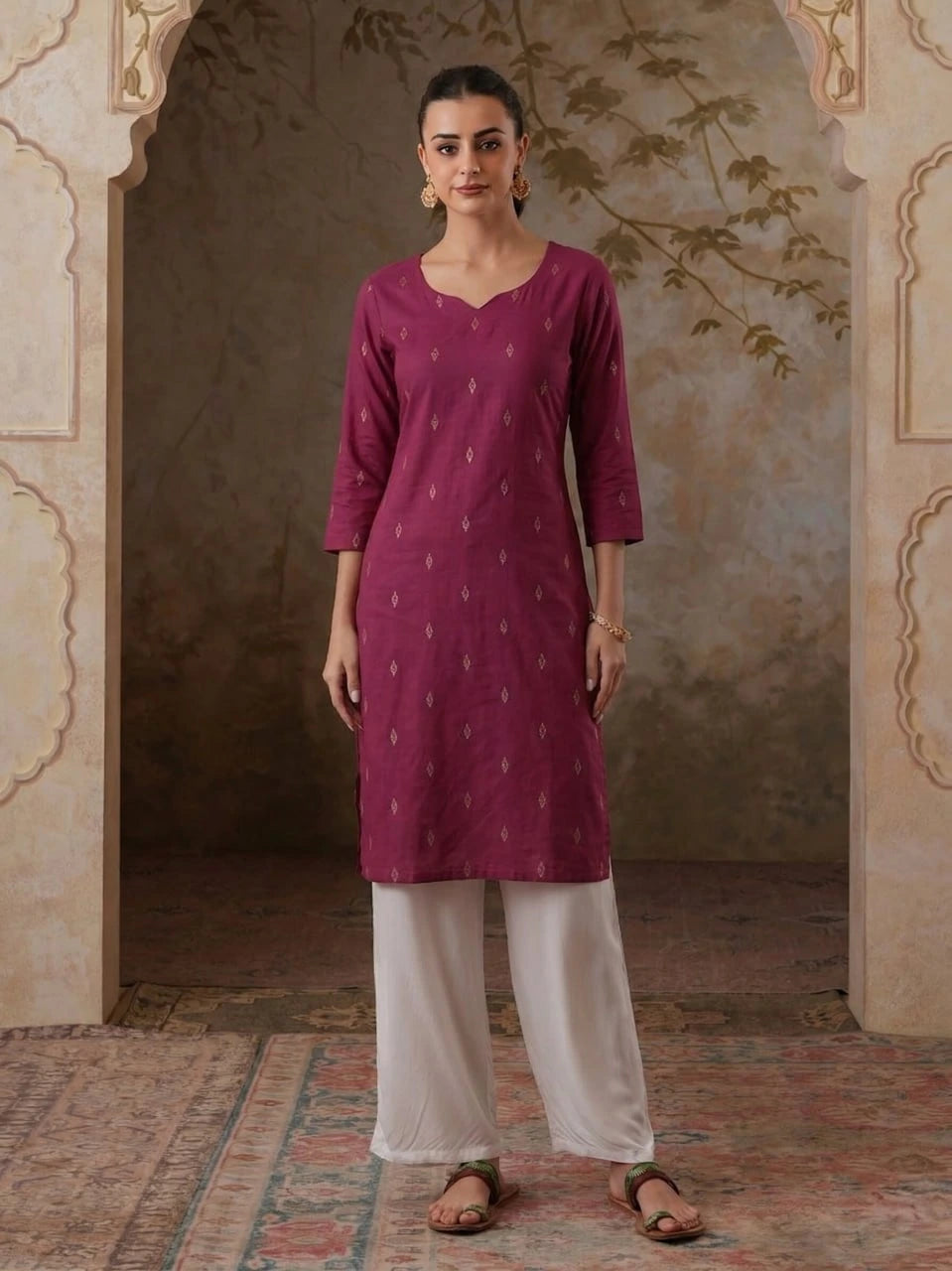 Woman wearing a magenta kurta with white pants in an ornate doorway.