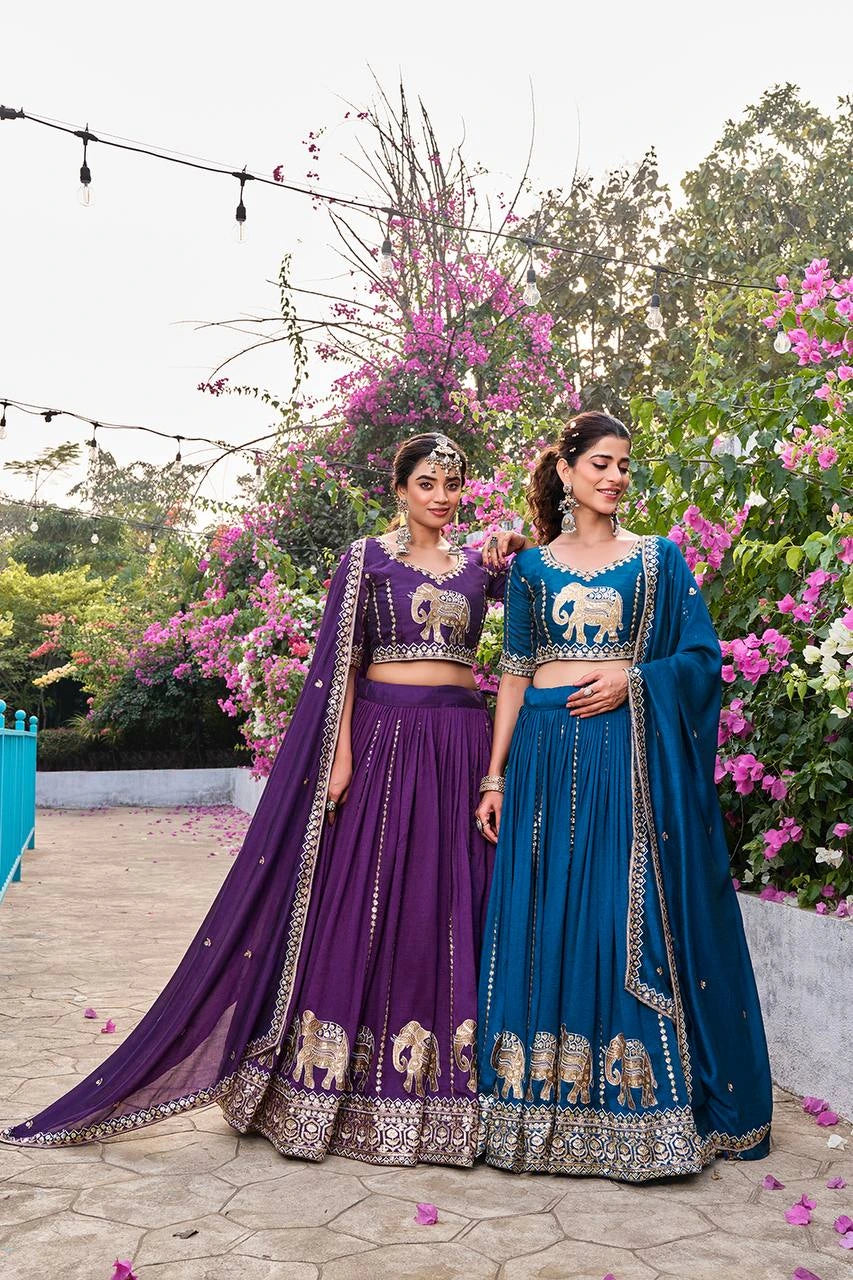 Elegant deep purple Pure Fendy lehenga with shimmering sequins and threadwork craftsmanship.