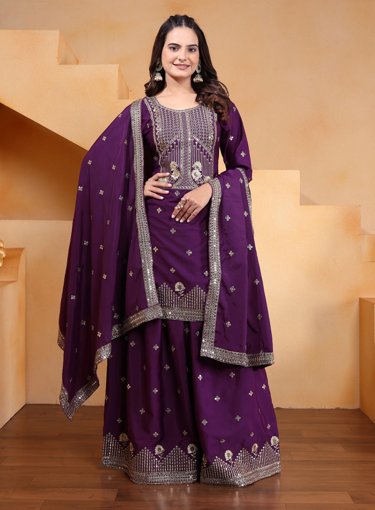Deep Purple Sequins Embroidery Work Natural Crep Suit