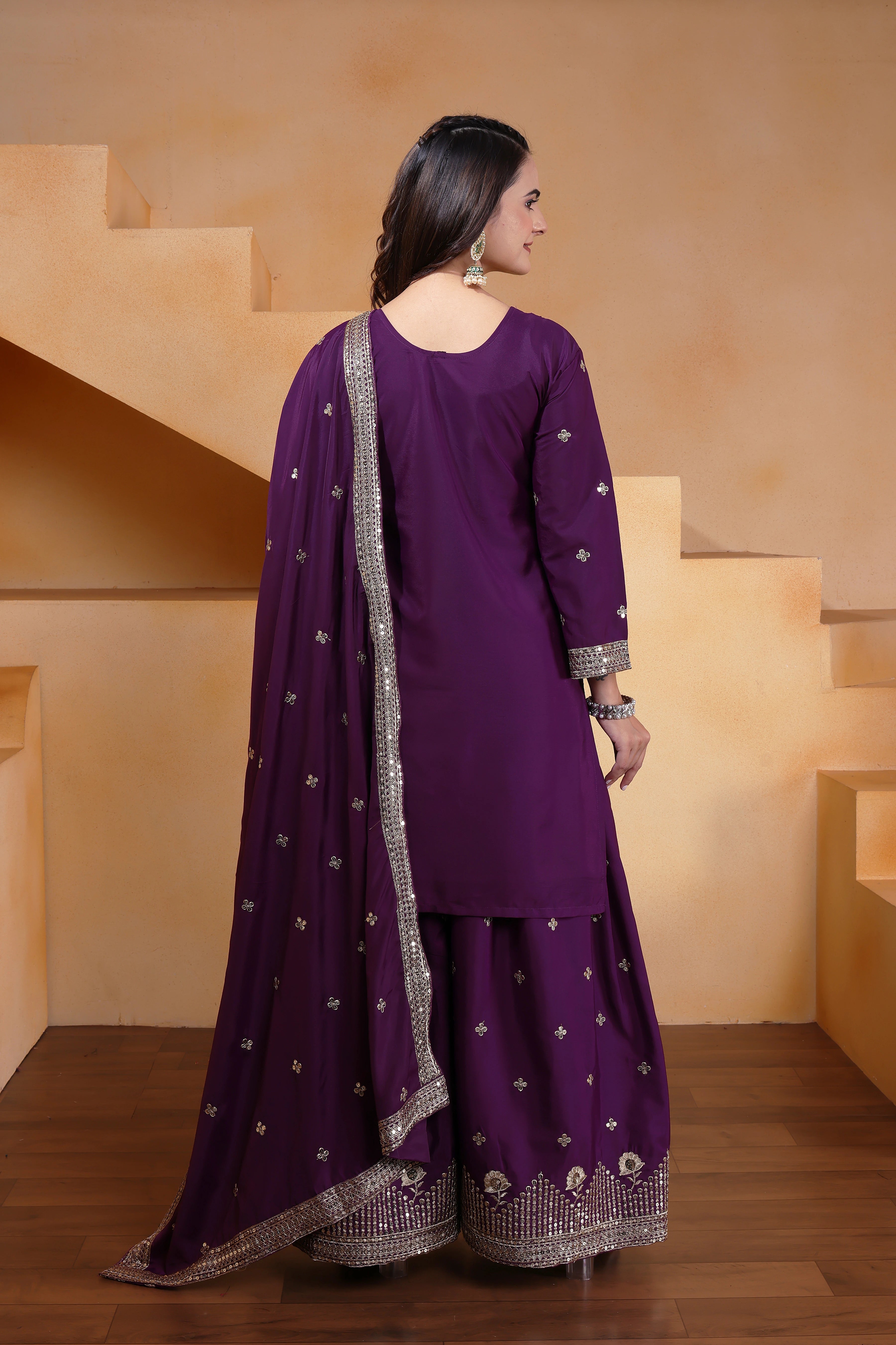 Deep Purple Sequins Embroidery Work Natural Crep Suit