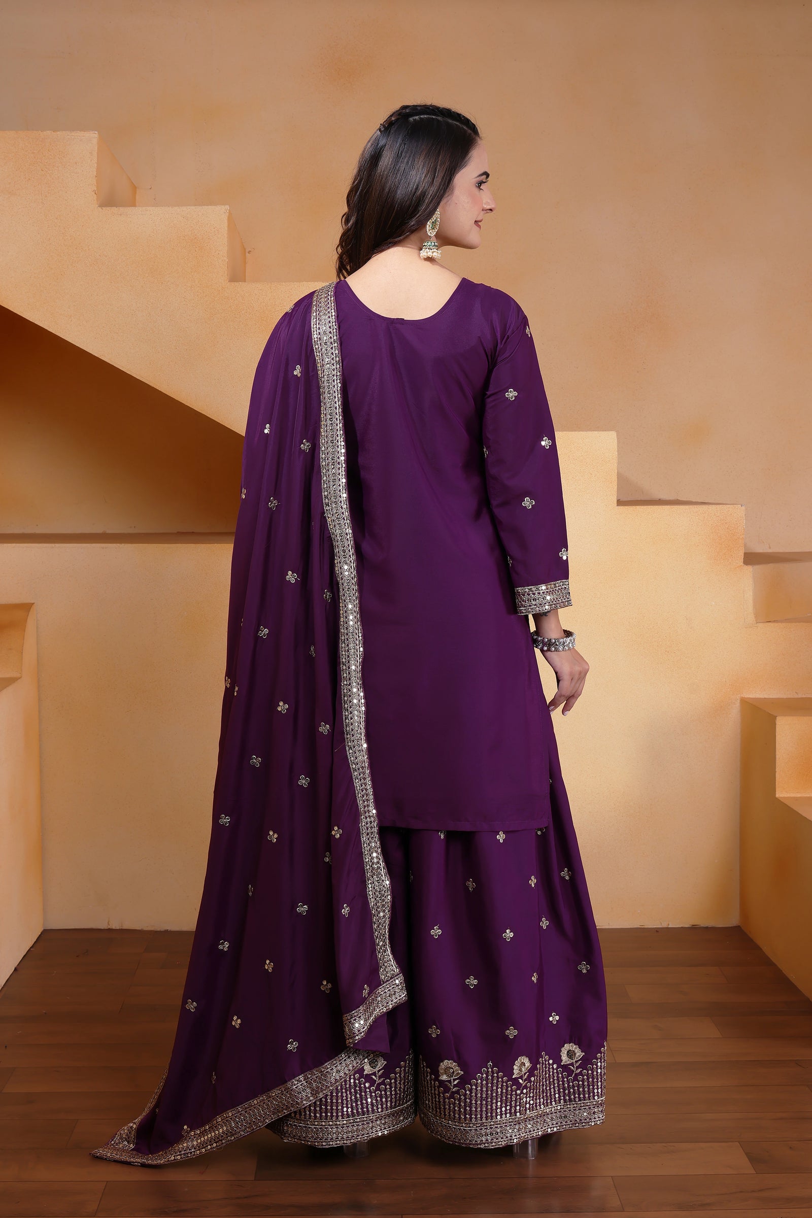 Deep Purple Sequins Embroidery Work Natural Crep Suit