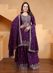 Deep Purple Sequins Embroidery Work Natural Crep Suit