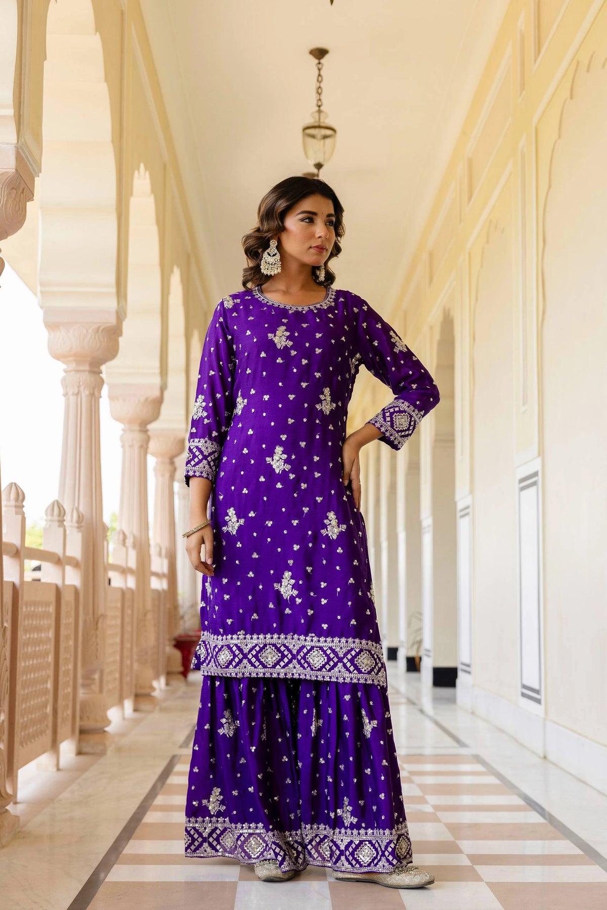 Silver embroidered purple Chinon silk sharara suit – Kalyanja.