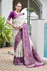 Elegant soft Banarasi silk saree in rich purple shade featuring intricate zari border and pallu
