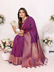 Woman wearing a purple saree with a white background and floral decorations