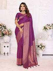 Woman wearing a purple saree with a white background