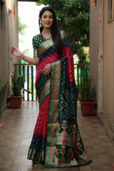 Woman wearing a colorful saree in an indoor setting with plants and a door in the background