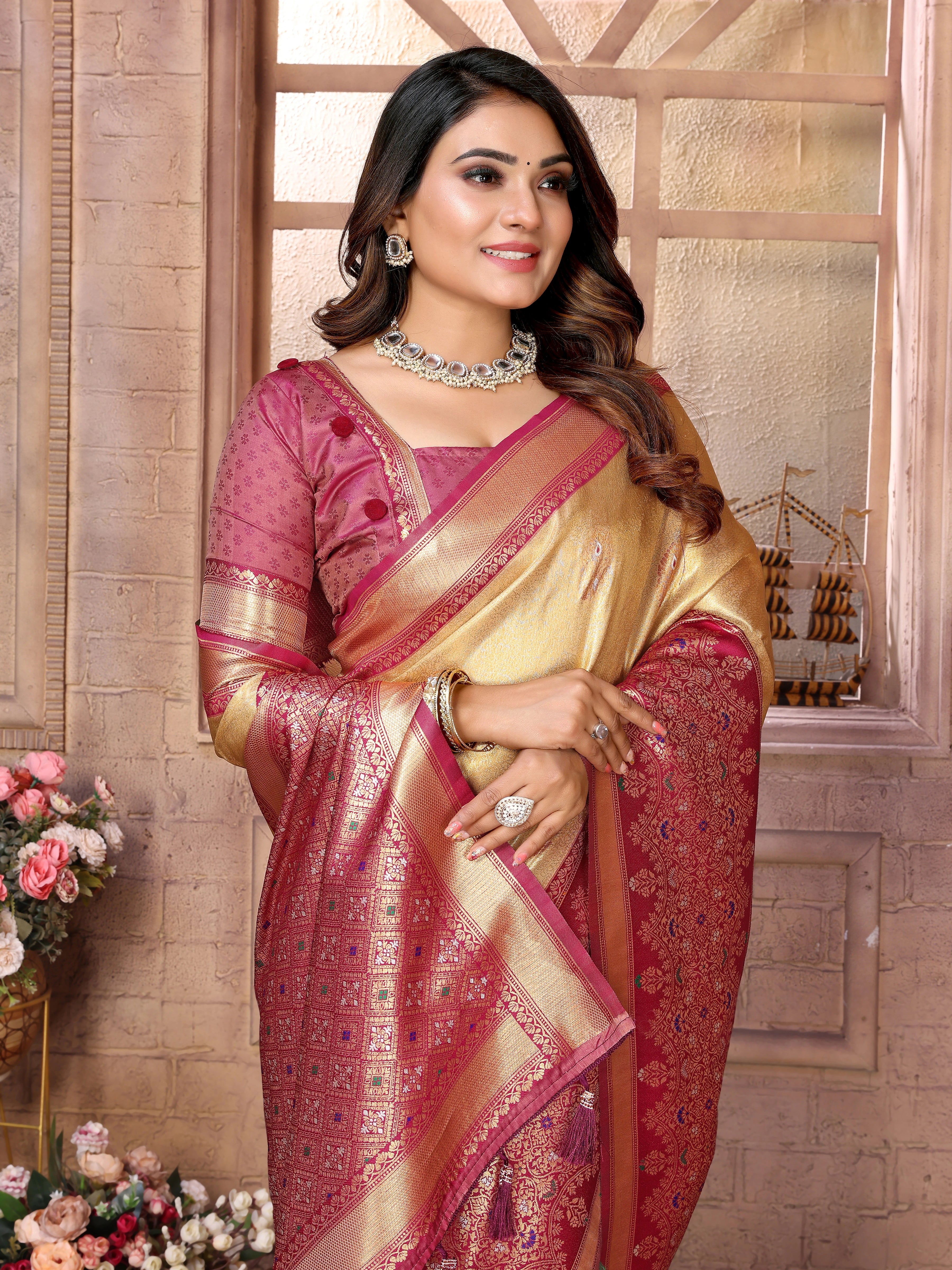 Woman wearing a traditional saree with a decorative background