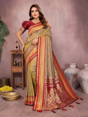 Woman wearing a traditional saree with a decorative border in a room setting.