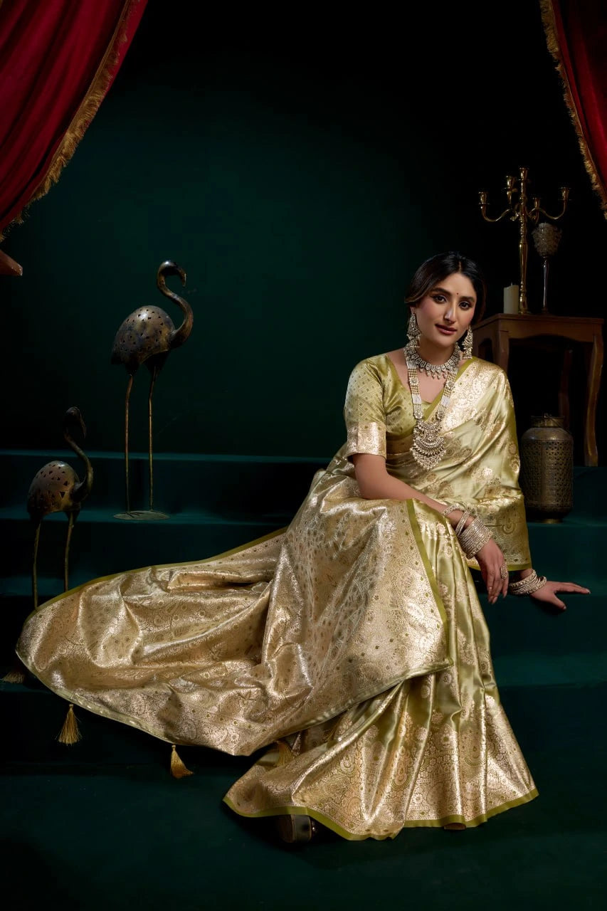 Golden Beige Jacquard Weaving Soft Silk Saree