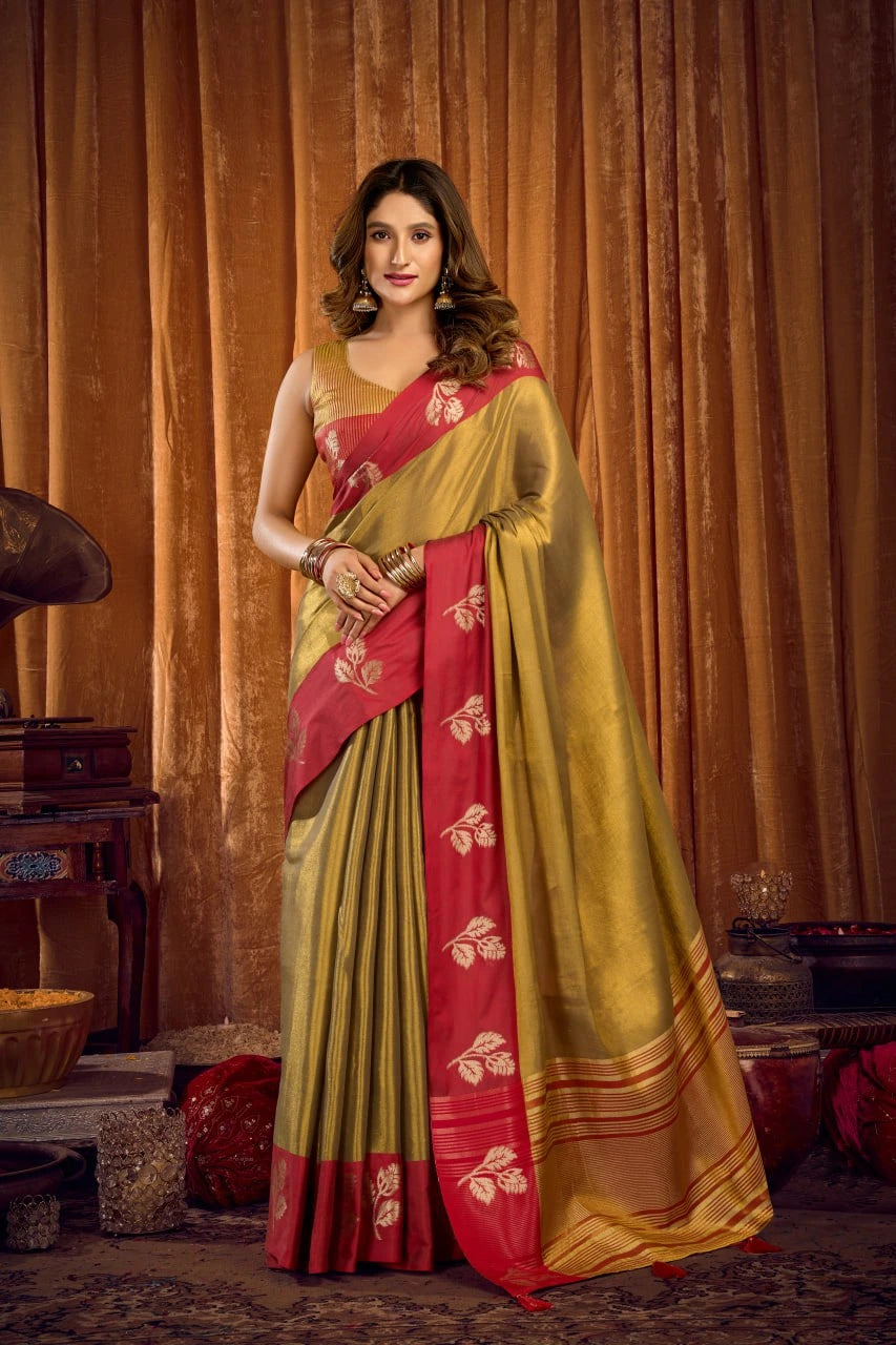 Woman wearing a red and green saree with a gold border against a brown curtain background