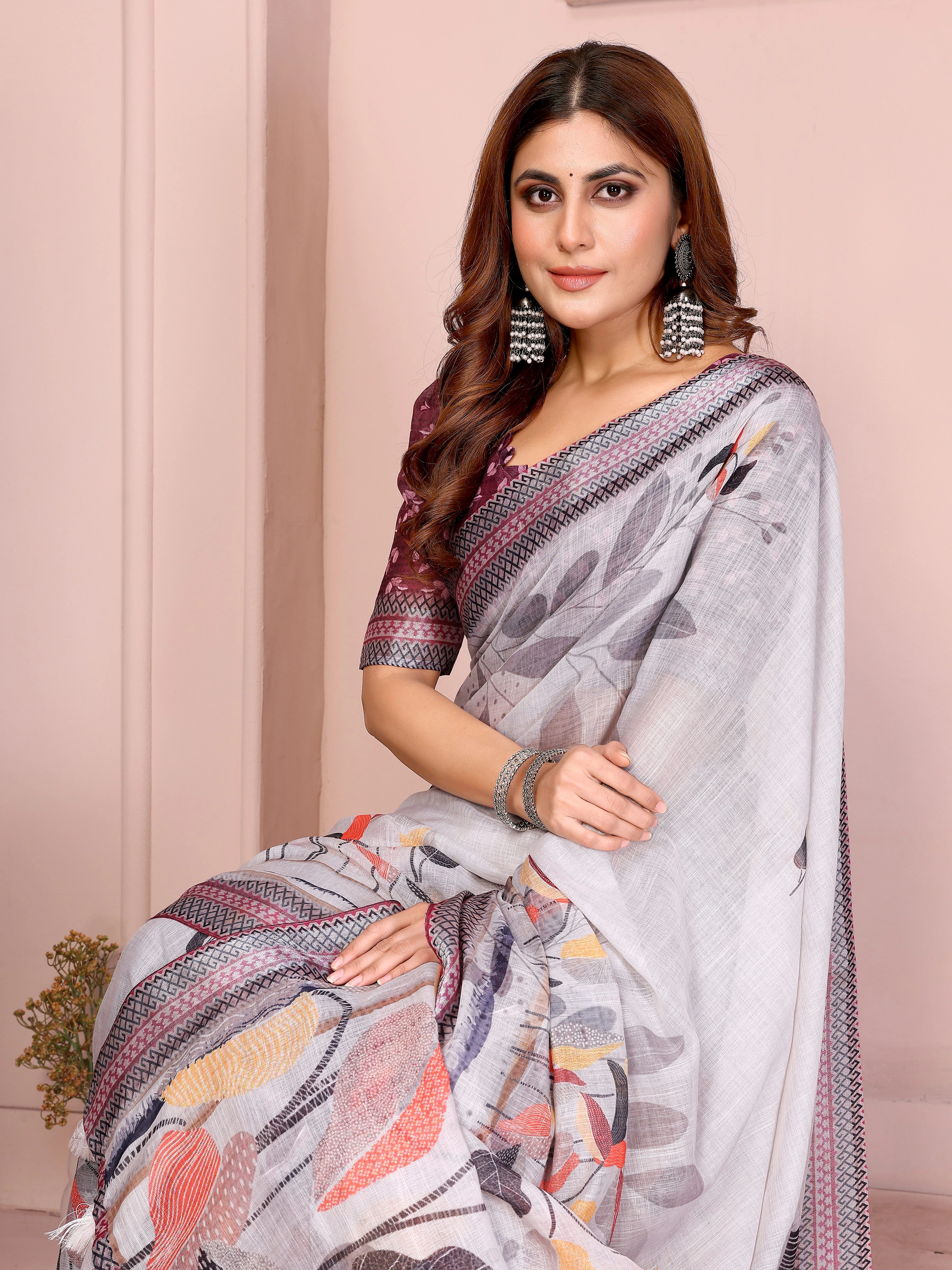 Gray Digital Floral Print Saree closeup – orange red yellow charcoal leaf print detail on linen cotton