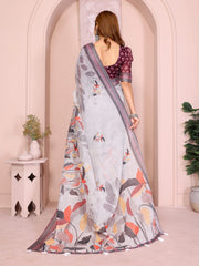 Gray Digital Floral Print Saree back view – printed pallu with dense botanical motifs and white tassel hem